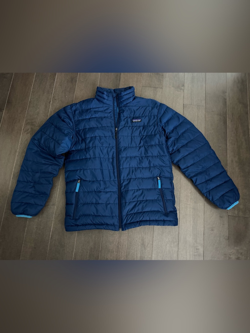 Patagonia - “Down Sweater” Navy Puffer Jacket w/ Bright Blue Lining (Boys XL/14)
